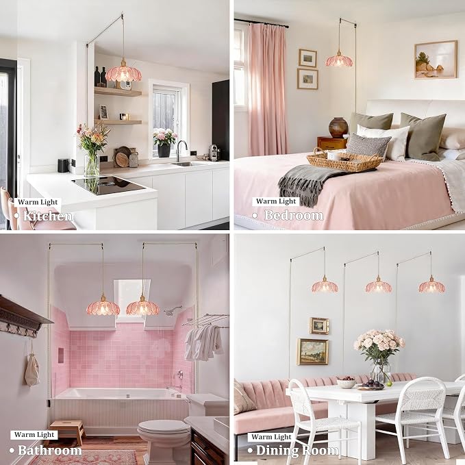 Shenmoyl Plug in Pendant Light Hanging Light Fixtures with Plugin Cord On/Off Switch,Pink Scindapsus Glass Lampshade Brass Pendant Light