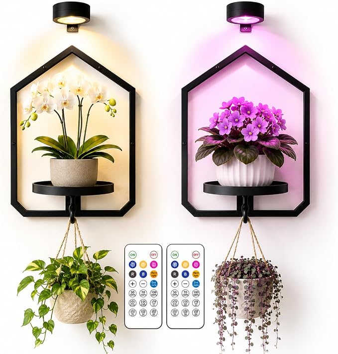 2 Pack Wall Mounted Plant Shelf with Grow Light, Hanging Plant Shelf | Floating Plant Wall Shelf Decor with Wireless Rechargeable LED Plant Light & Remote Control for Bedroom Living Room Apartment