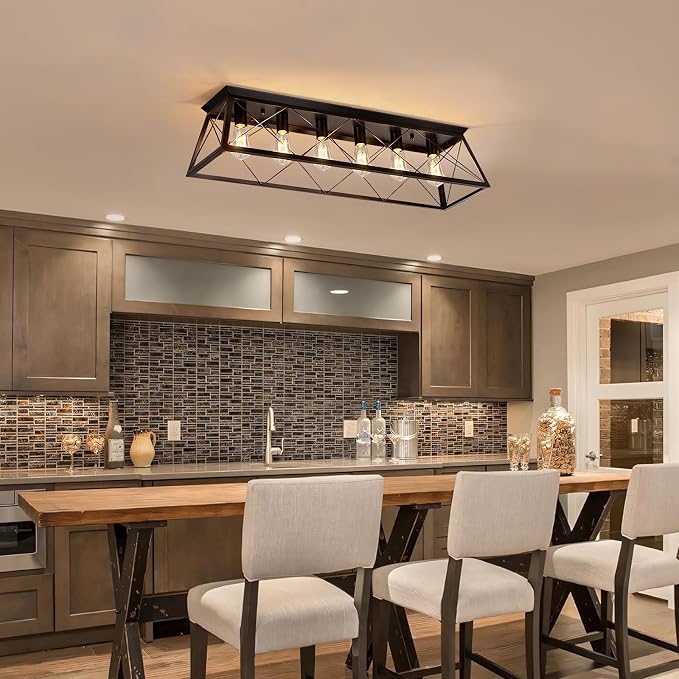 38" Large Flush Mount Ceiling Light for Kitchen Hallway Fixtures | Vintage Industrial Kitchen Ceiling Light Fixtures with X-Shaped Metal Cage, 6-Light Black Large Flush Ceiling Lighting