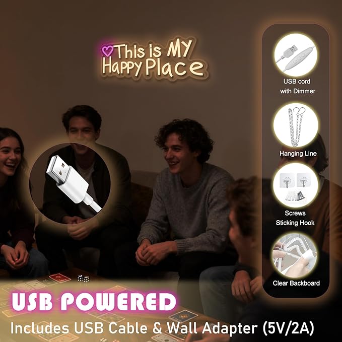 This is our happy place neon sign, suitable for wedding birthday girl party bar wall decoration, dimmable, USB powered, pink heart shape