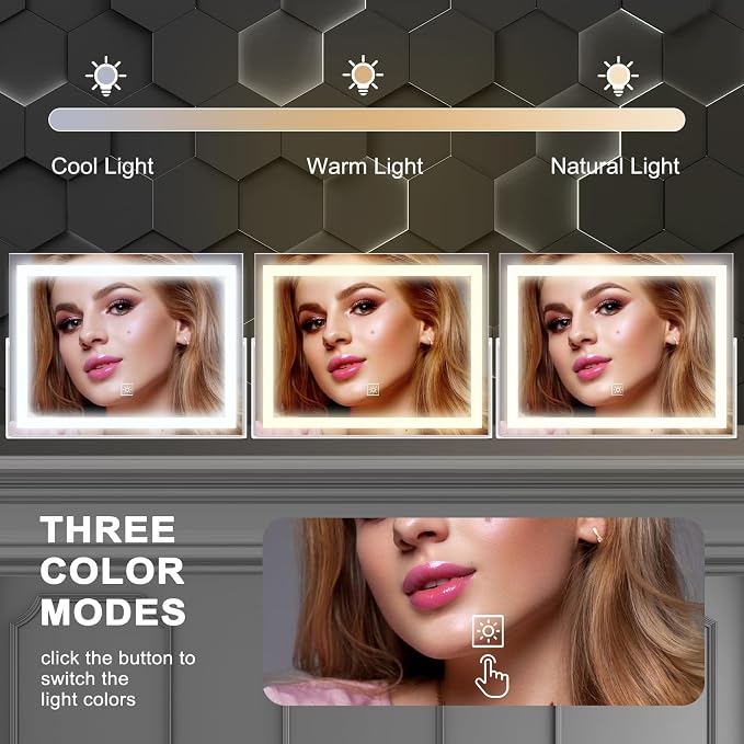 14 Inch LED Vanity Makeup Mirror with Lights, Large Metal Frame Lighted Tabletop Mirror with 3 Color Dimmable Touch Control, 360° Rotation for Bathroom Bedroom