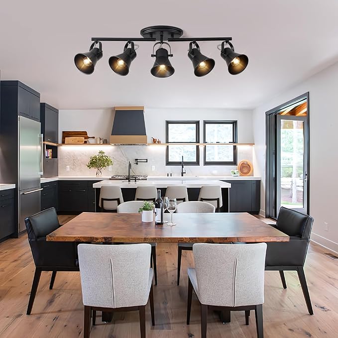 SEEBLEN 5-Light Track Lighting Kit, Directional Ceiling Light, Industrial Black Kitchen Track Lighting Fixtures Ceiling for Kitchen, Living Room, Dining Room, Hallway.