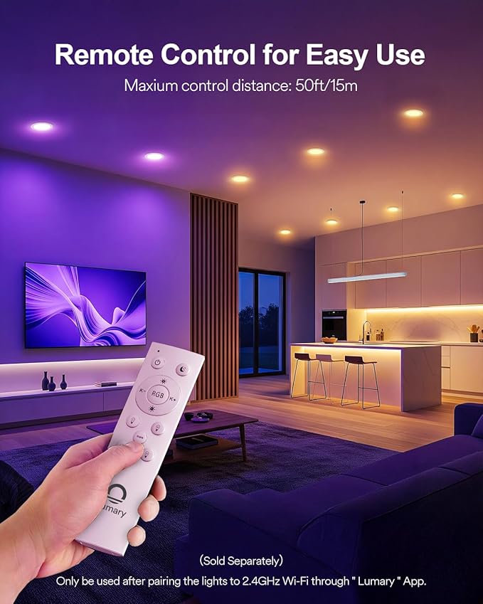 Lumary Smart Recessed Lighting 4 Inch, RGBWW Canless Slim Wafer Lights 9W | 780LM, Supports Lumary Dimmer Switch, BT Remote Control, Work with Alexa & Google Assistant, Custom Scenes, ETL, 4Pack