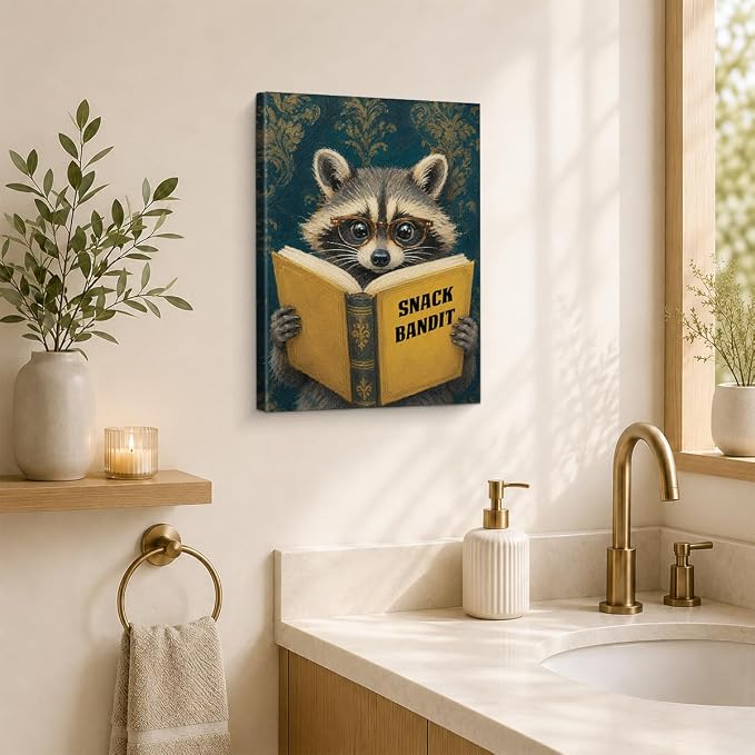 NSFBESSLIA Funny Reading Raccoon Painting, Whimsical Vintage Animal Decor, Snack Bandit, Cottagecore Wall Art for Living Room Bedroom Entryway, 8x10 Inch