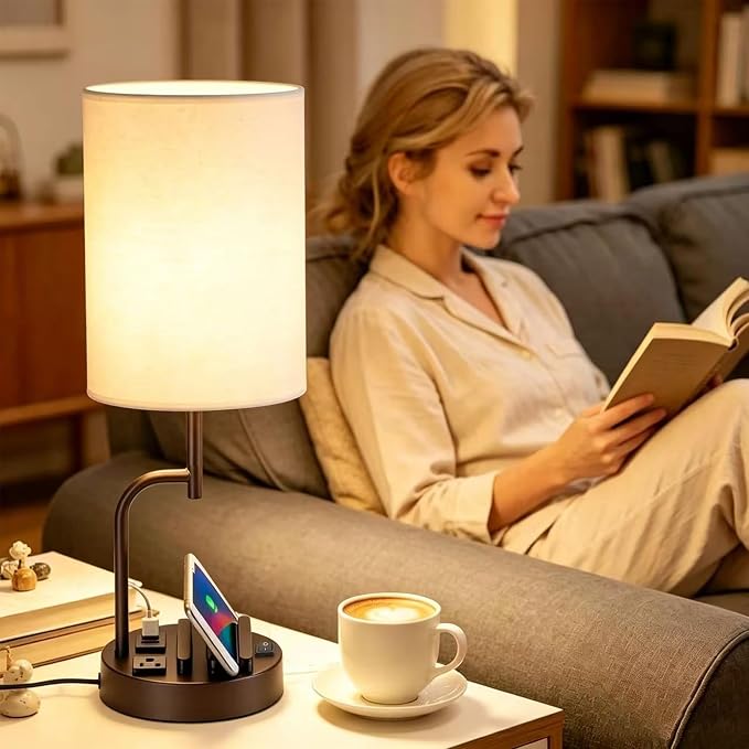 Dreamholder 2 Pack Table Lamp, Bedside Lamp with 3 USB Charging Ports & AC Outlet, USB Desk Lamp with 2 Phone Holders, Linen Fabric Shade Nightstand Lamps for Bedroom Living Room Office, Dark Brown