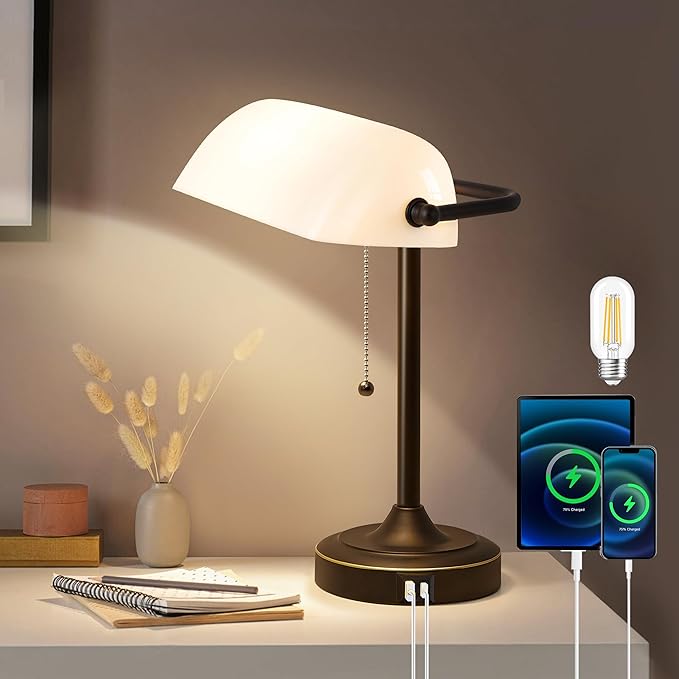 Vintage Desk Lamp Bankers Lamp - Black Retro Table Lamp with USB & Type C Charging Ports Traditional Pull Chain Switch Library Lamp for Home Office Nightstand Bedroom Side Table Lamp(Bulb Included)