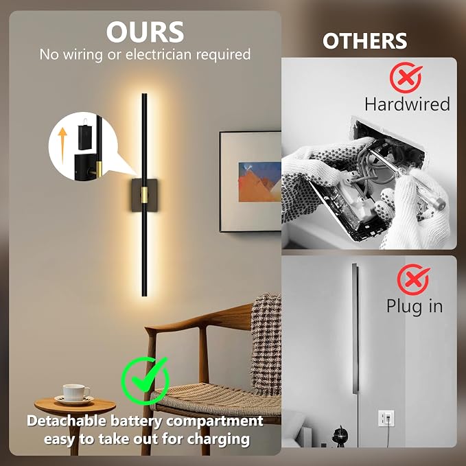 Eneru Battery Operated Wall Sconce, Rechargeable Wireless Light 1 Pack 4CCT | 10000mAh Battery Powered, Touch and Remote Control, Dimmable Wall Lamps for Indoor Living Room Hallway Picture Bedroom Black