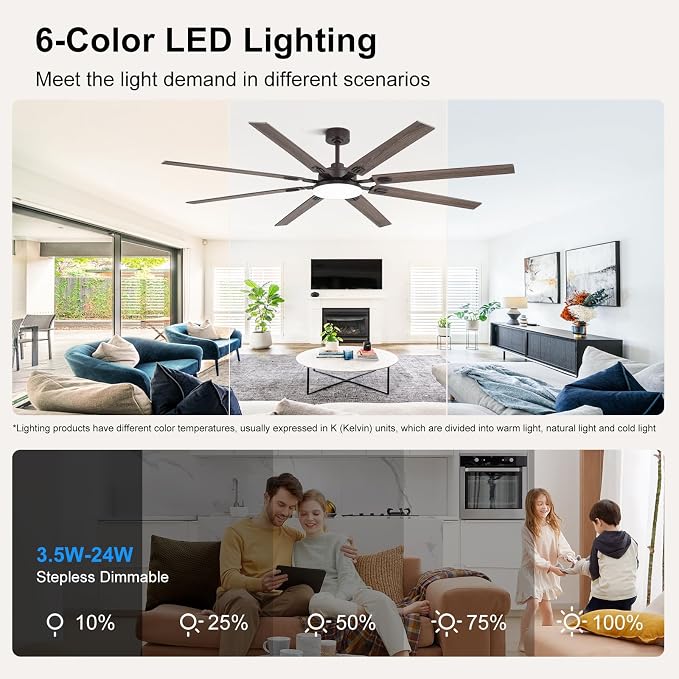 80 Inch Ceiling Fans with Lights and Remote, Bedroom Living Room Office Library Cafe Outdoor Industrial, 5CCT Dimmable, Dual Color 8 Blades 6 Speed Reversible Quiet DC Motor, Brown/Wood Grain