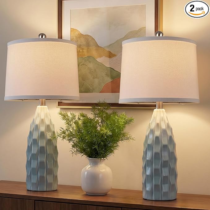 WIHTU 24" Ceramic Table Lamps Set of 2, Modern Nightstand Light, Blue | Linen Shade, 3 Color Temps, Farmhouse/Boho Style, Bedroom/Living Room/Office Decor, Ideal Gifts, 2 Bulbs Included, E26 Base