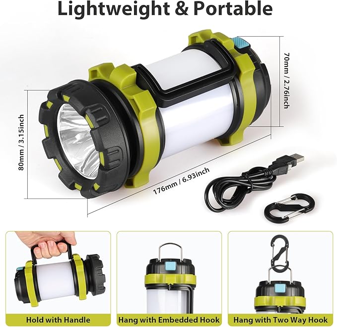 2 Pack Camping Lantern, Outdoor LED Camping Light, Rechargeable Flashlights with 1000LM, 6 Modes, IPX5 Waterproof Portable Emergency Camp Light for Hurricane Survival - Green