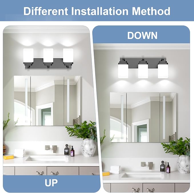 Matte Black Bathroom Light Fixtures, 3 Lights Bathroom Lighting Fixtures Over Mirror, Square Design & Rectangle Large Backplate, Modern Vanity Lighting Fixtures, for Living Room/Bedroom