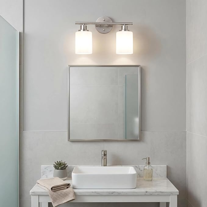 2 Light Bathroom Light Fixtures, Modern Vanity Lights with Milky White Glass Shade, Brushed Nickel Wall Lamp Over Mirror for Bathroom, Living Room, Cabinet, Bedroom, E26 Base
