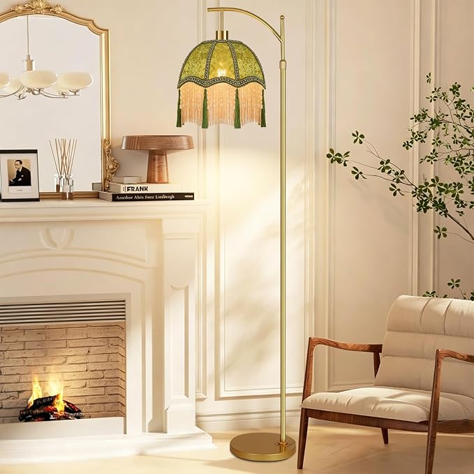 Vintage Floor Lamps for Living Room Boho Rustic Floor Lamp with Remote Control & 3 Color Temperature,Dimmable Gold Floor Lamp Mid Century Modern Standing Lamp Fringe Green Tall Floor Lamp For Bedroom