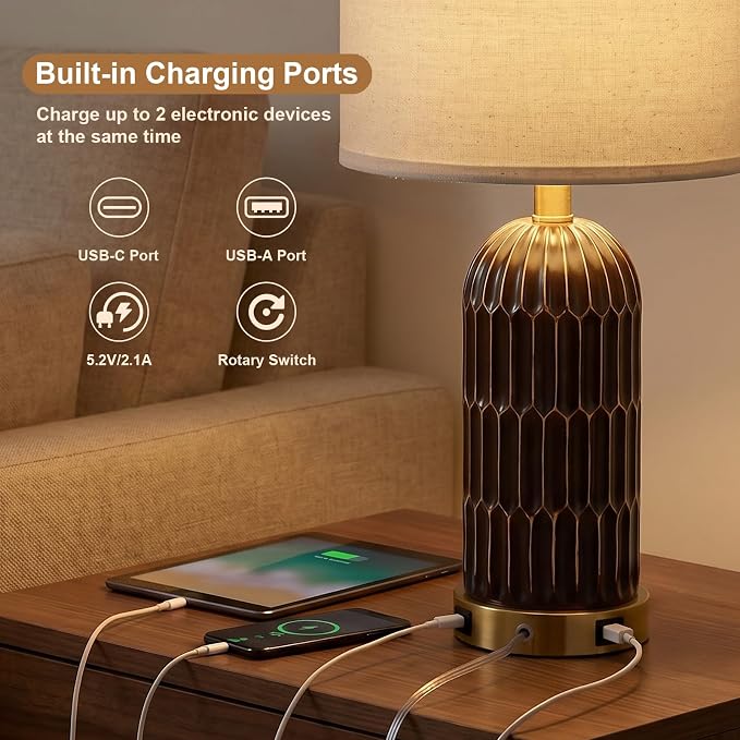 22.5" Bedside Table Lamps Set of 2, Farmhouse Table Lamp with USB A+C Charging Ports, Vintage Nightstand Lamp for Bedrooms and Living Rooms, Mid Century Modern End Table Lamp, Brown and Gold