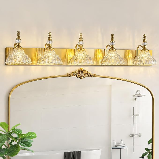 Vintage Bathroom Vanity Light, 5-Light Gold Vanity Lighting Fixture with Flower Glass Shade, Bathroom Lighting Fixtures Over Mirror
