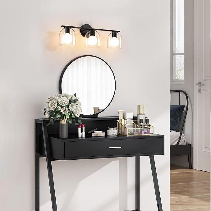 WOSHITU Bathroom Vanity Light Fixtures: 23.3 Inch Modern Matte Black Bathroom Lighting Fixtures Over Mirror with Clear Glass Shade, 3 Light Vanity Lighting Fixtures Wall Lights Over Mirror