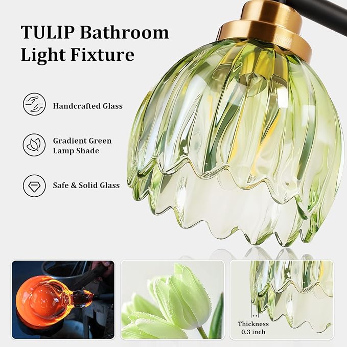 TALOYA Black Gold 4-Light Bathroom Vanity Light with Green Tulip GlassShade | Modern Vanity Lighting Fixtures, Bathroom Lights Over Mirror, Wall Mount Mirror Light Fixtures for Bathroom Hallway Bedroom