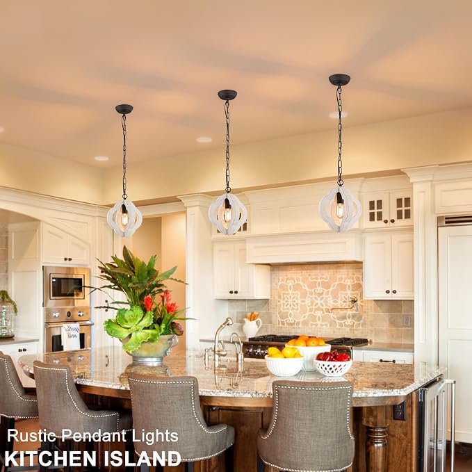 10" Small Farmhouse White Wood Pendant Light for Kitchen Island Over Sink | Distressed White Oak, Rustic Country Style, Rust-Brown Finish, Orb Shape, E26 1-Light, Ajustable Height