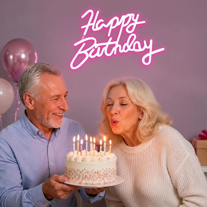 Happy Birthday Neon Sign for Wall Party Decor, LED Happy Birthday Light up Sign for Backdrop, 16"x 11" USB Powered 10 Brightness Settings Light up Signs Party Decorations Backdrop, Pink