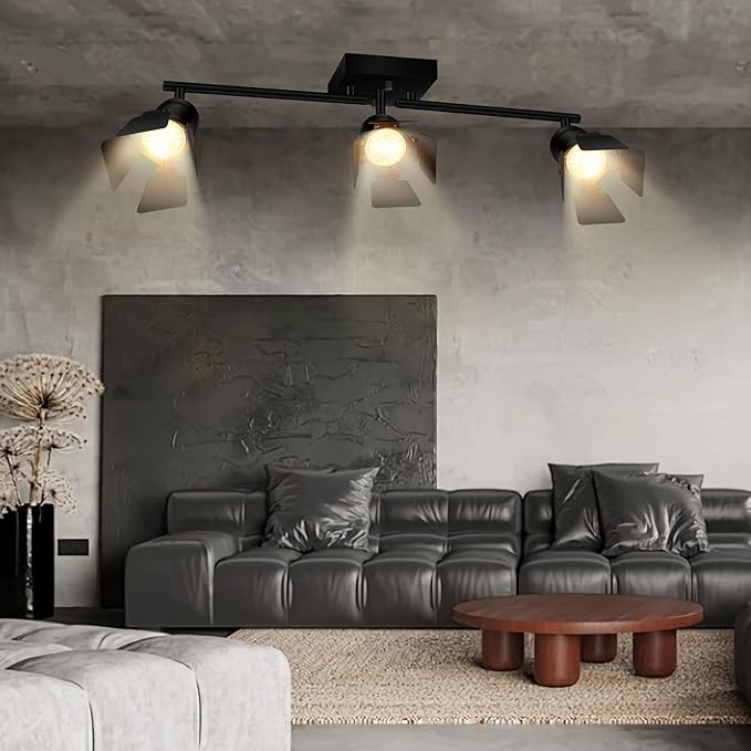 3 Light Track Lighting Fixtures Ceiling, Black Track Lighting with Upgrade Lamp Heads, 3 Way Track Lights Ceiling, Vintage Industrial Track Light for Kitchen/Bar/Boy's Room,GU10 Bulb Not Included
