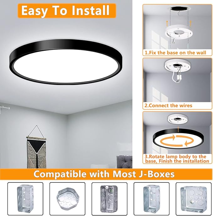 LED Flush Mount Ceiling Light Fixture, 9inch Modern Black Light, 18W 5000K, Low Profile Slim Flat Surface Lights for Bedroom Kitchen Hallway Laundry Stairwell Basement Closet