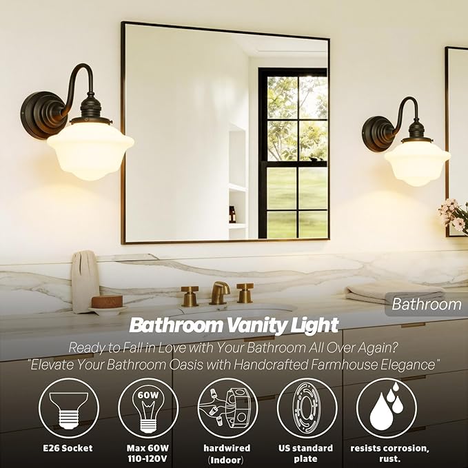Vintage Wall Sconce Black Milk Glass Bathroom Vanity Light | 1 Pack,Bathroom Light Fixtures,Matte Black,Frosted Milk Glass,Hardwired Only,E26 Base,for Bathroom Mirror Hallway