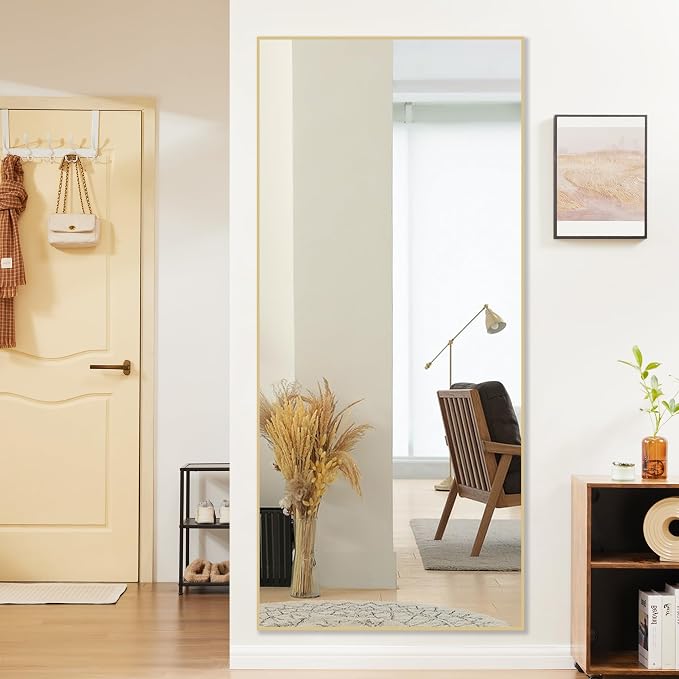 DUMOS Full Length Mirror 24"x 65" for Bedroom, Full Body Mirror with Stand, Hanging or Leaning for Wall, Aluminum Alloy Thin Frame Floor Standing for Living Room, Long, Gold