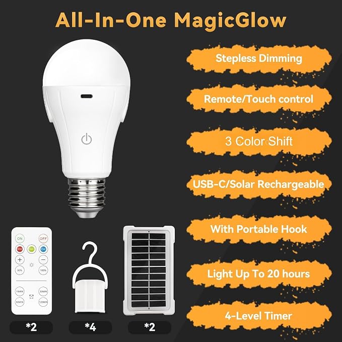 Neporal MagicGlow Rechargeable Solar Light Bulbs with Remote, USB+Solar Rechargeable Bulbs,3 Colors Shift + Dimmable Battery Light Bulb, A19 Emergency LED Light Bulbs, 15W, Up to 24 Hours, 2 Pack