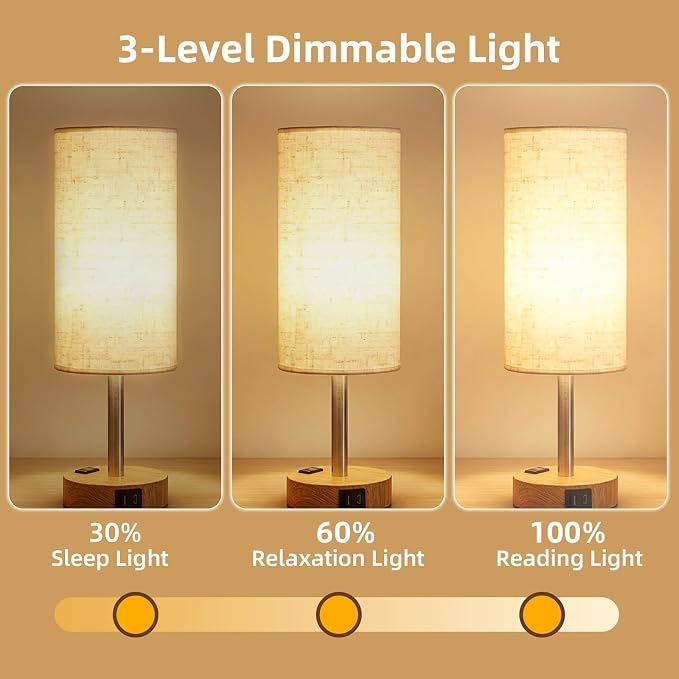 2-Pack Table Lamps, High-Sensitivity Touch, 3-Level Dimmable Bedside Lamp with AC Outlet | USB | and USB-C, Ideal Nightstand Lamps for Bedroom, Reading (2PCS, Warm&Wooden)