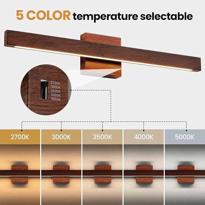 Modern Bathroom Light Fixtures Over Mirror, 24 Inch Brown Wood Finish Vanity Light Bar 20W Dimmable 5CCT LED Vanity Lights for Bathroom Wall Lighting Fixtures Over Mirror