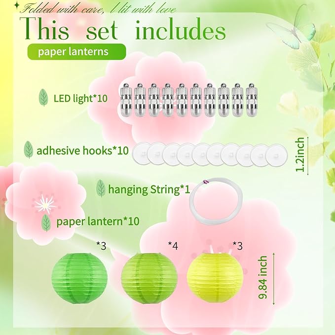 Chinese Paper Lanterns - Pack of 10, 10-Inch Light Green/Green Hanging Lights for Birthday Party Decorations, Ceiling Decor, Rainbow Classroom, Wedding, and Home Party