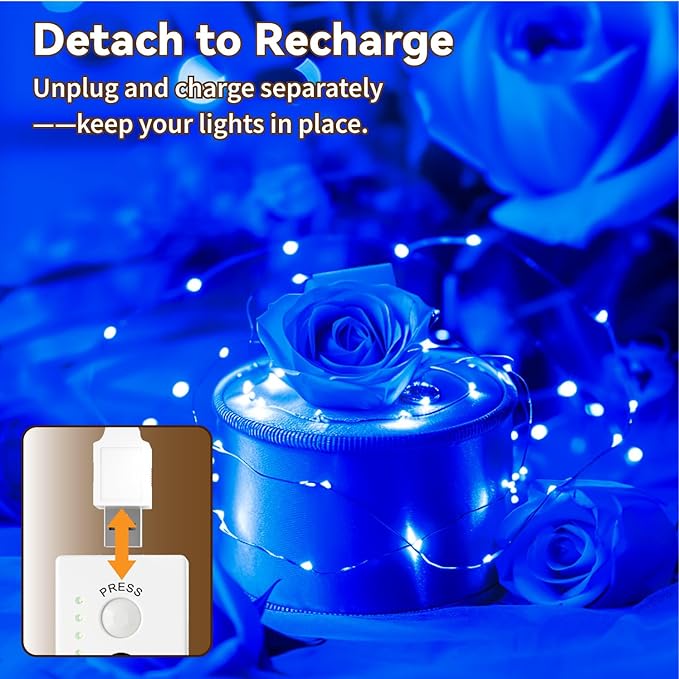 ZSJWL Rechargeable Fairy Lights with DIY Timer & 8 Modes, 16FT 50LED String Lights Battery Operated Indoor, Twinkle mini Lights for Bedroom Christmas Wedding Centerpiece Decor (Blue)