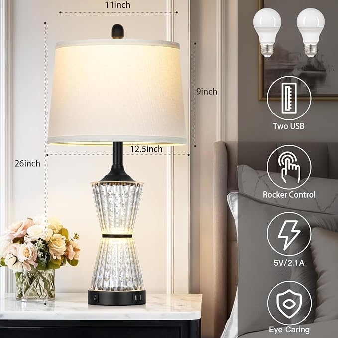 Modern Table Lamps for Living Room, 26" Tall Black Table Lamp with 2 Textured LED Night Light, 2 USB Charging Port & AC Outlet, Bedside Lamps for Bedroom Nightstands End Table Office, 2 Bulbs Included