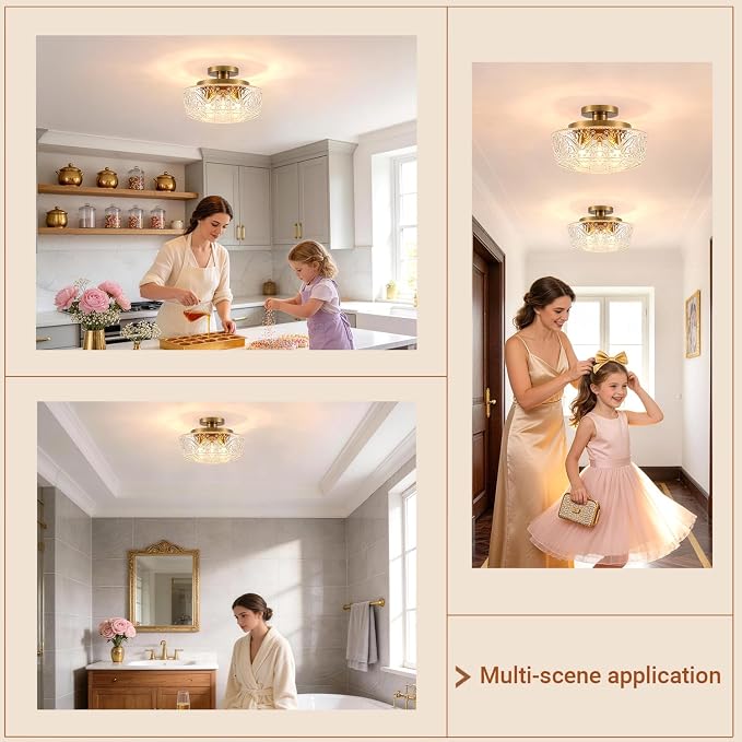 Daunton 3 Light Semi Flush Mount Ceiling Light Fixtures, Brushed Antique Brass Hallway Light Fixtures, Vintage Glass Ceiling Light Fixture for Bedroom, Closet, Entryway, Bathroom, Kitchen, E26*3