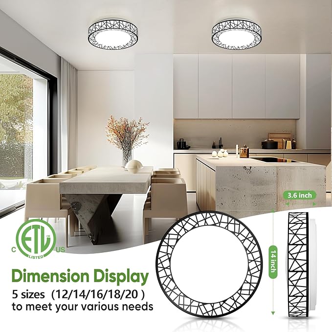 14 Inch Flush Mount Ceiling Light, Modern Black LED Ceiling Light Fixture, 24W 2400LM 2700-6500K Adjustable, Dimmable Ceiling Lights for Bedroom, Kitchen, Hallway, Bathroom, ETL Listed