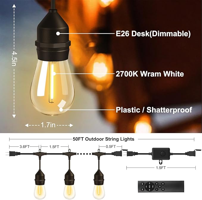 50FT Outdoor String Lights 32Bulbs (1.5FT Bulbs Spacing),120W Dimmer Remote | Patio Lights with IP65 Waterproof, Dimmable & Timing & 3 Mode, Connectable, Zipper Ties for Outside Commercial Backyard
