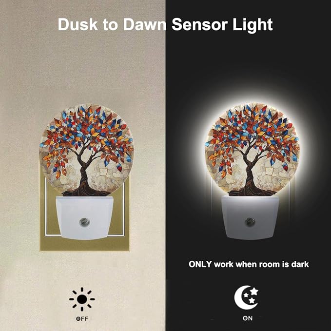 EKOBLA Abstract Tree with Colorful Leaves Night Light, Tree Art Painting Night Lights Plug Into Wall with Dusk to Dawn Auto Sensor for Men Women Bedroom Bathroom