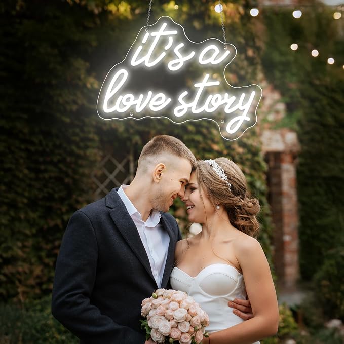 Its a Love Story Neon Sign, Cold White USB Led Light Up Signs for Bedroom Aesthetic Birthday Wedding Party Gift Boyfriend Girlfriend Lover Women Men Room Bathroom Decoration Gift, 15.7 x 11.8 Inch