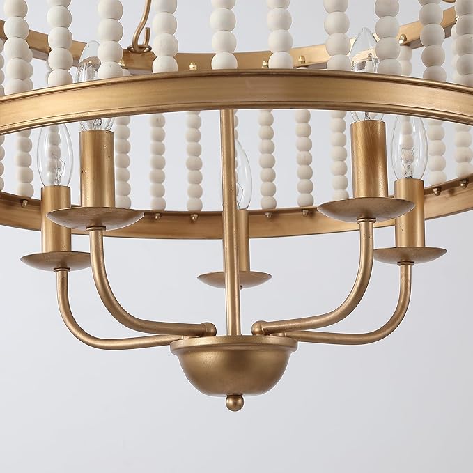 Farmhouse Chandeliers for Entryway Dining Room 5-Light Drum Pendant Chandelier Boho Wood Beaded Vintage Handmade Distressed Chandelier Retro Antique Gold Lighting Fixtures Hanging W19.7