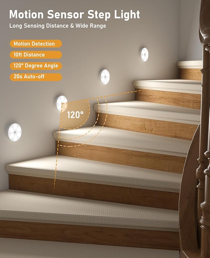 Motion Sensor Closet Lights, USB-C Rechargeable Under Cabinet Puck Lighting, Dimmable Battery Powered Step Lights for Kitchen, Stairs, Wardrobe, Auto-On/Off Night Lamp