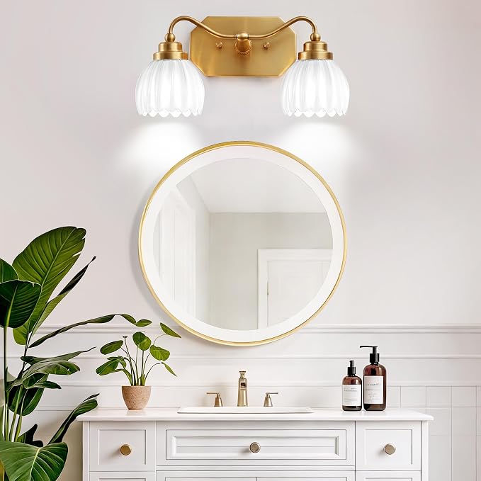 Vintage Gold Vanity Lights, 2 Light Milk White Tulip Crystal | Antique Brass Finish, Brushed Gold Bathroom Light Fixtures, Wall Sconce Ideal for Bedroom, E26 Compatible, Easy Install