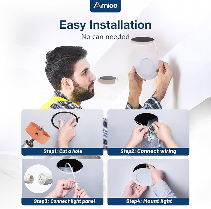 Amico 4 Pack 4 Inch 5CCT Ultra-Thin LED Recessed Dimmable Ceiling Light with Junction Box, 2700K/3000K/3500K/4000K/5000K Selectable, 10W Eqv 60W, 800Lumens, High Brightness Downlight - ETL&FCC