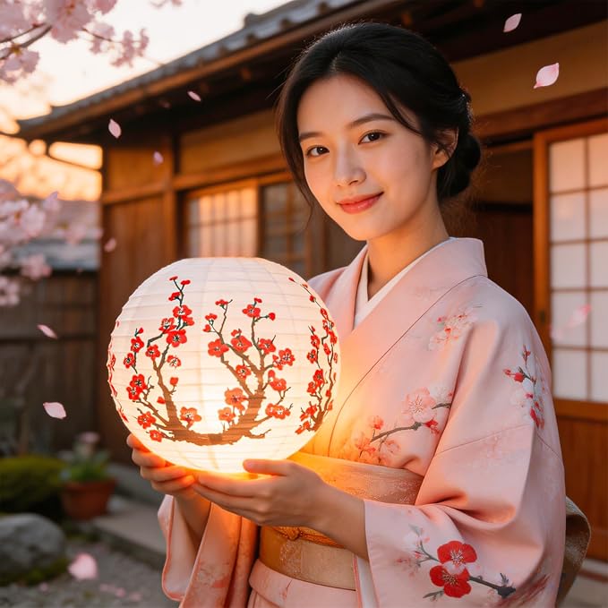 6 Pcs White Paper Lanterns Decorative 10x12 Inch, ZUEXT Cherry Blossom Hanging Round Chinese/Japanese Lantern for Festival Theme Birthday Party Wedding Home Yard Japanese Eateries Decor Oriental Style