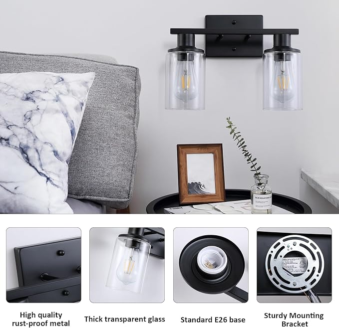 2 Pack Matte Black Bathroom Light Fixtures Over Mirror,2-Light Bathroom Vanity Light with Clear Glass Shade,Modern Farmhouse Wall Sconces Lighting for Mirror Kitchen Living Room Cabinet