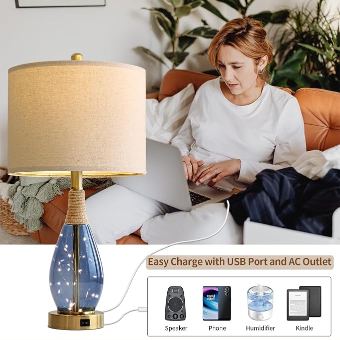 23" Table Lamps for Living Room Set of 2 Bedside Lamps for Night Stands Bedroom Lamps Farmhouse Rattan Boho Lamp Glass Nightlight End Table Lamp with USB C+A (Blue),Two Light Points