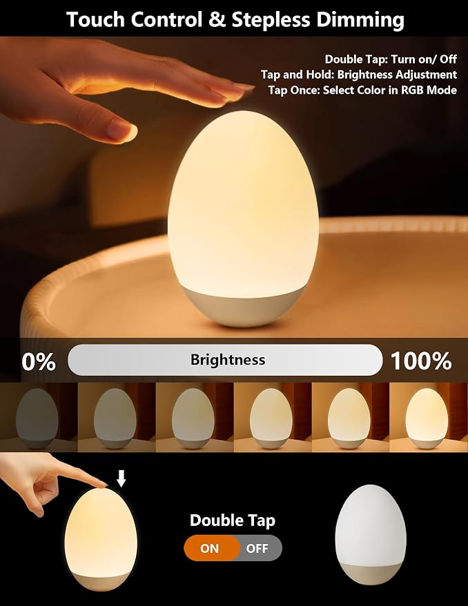 Egg Night Light for Nursery: Rechargeable Baby Touch Lamp | Soft rechargeable egg baby night light with touch control, stepless dimming and warm or RGB light for nursery and feeding