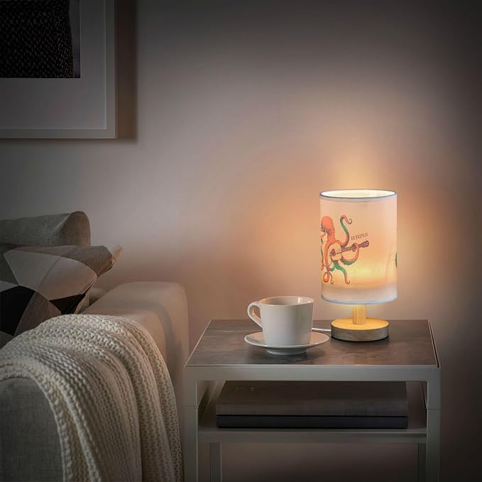 Table Lamp Vintage Octopus Play Guitar Ocean Marine Sea Life Design Nightstand Lamp with Wood Base Fabric Lamp Shade Bedside Desk Lamp for Living Room Bedroom Kids Room Office