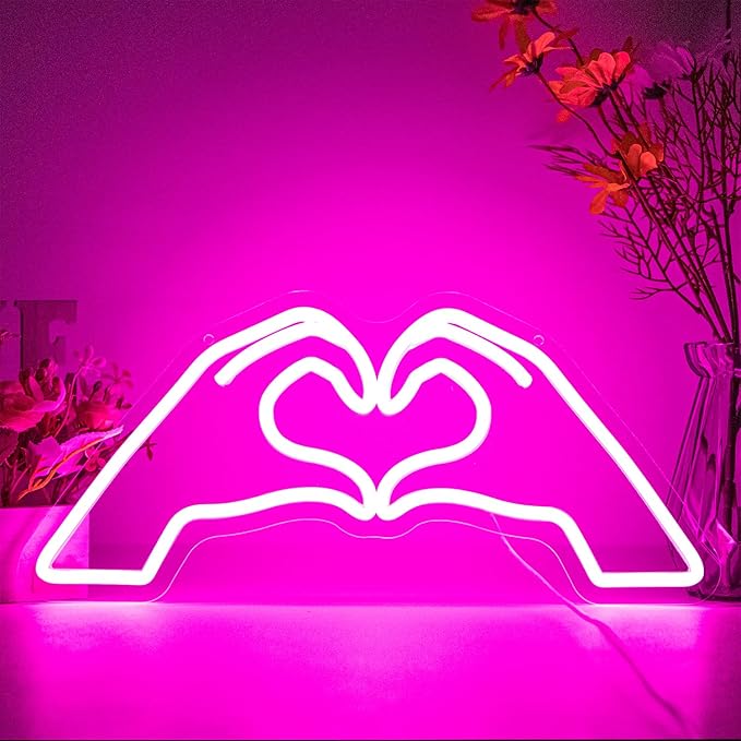 Heart Hands Neon Sign, Pink Room Decor, 15.75 inches Dimmable USB Powered Led Wall Art Decor, Music Merch Gifts for Girls Boys, Fans, Music Lover, Party, Christmas, Birthday(Pink)
