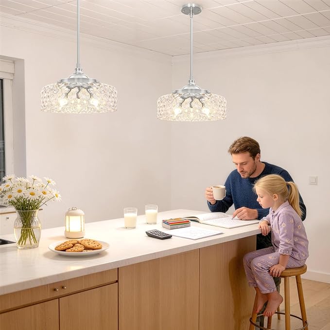 Brushed Nickel 3-Light Pendant Lights Kitchen Island, Modern Hammered Glass Kitchen Pendant Lighting Over Island, Adjustable Hanging Bathroom Light Fixtures for Hallway Entryway Dining Room,E12*3