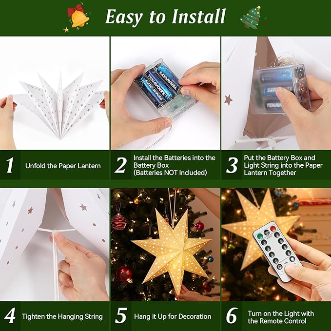 Lewondr Christmas Paper Star Lantern 3 Pack, Hanging 7-Pointed Star Lights with Hollowed Stars, LED Paper Lanterns with 6H Timer for Holiday Home Decoration, with Remote Control, Warm Light